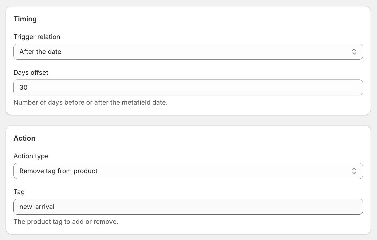 DateCue workflow editor configured to remove the new-arrival tag