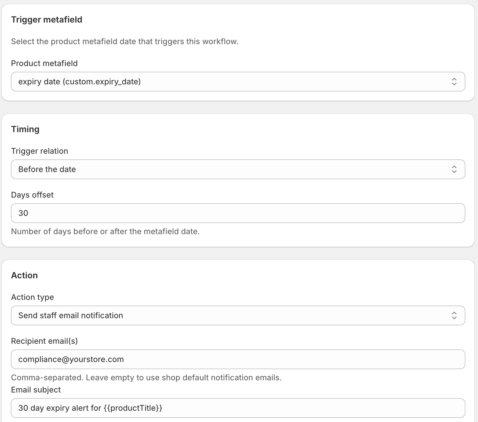 DateCue workflow editor configured to email the team on launch