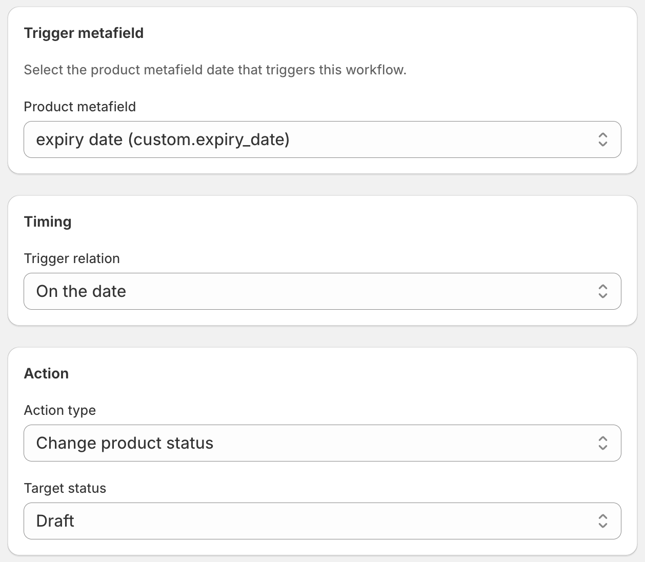 DateCue workflow editor configured to draft past sell-by products