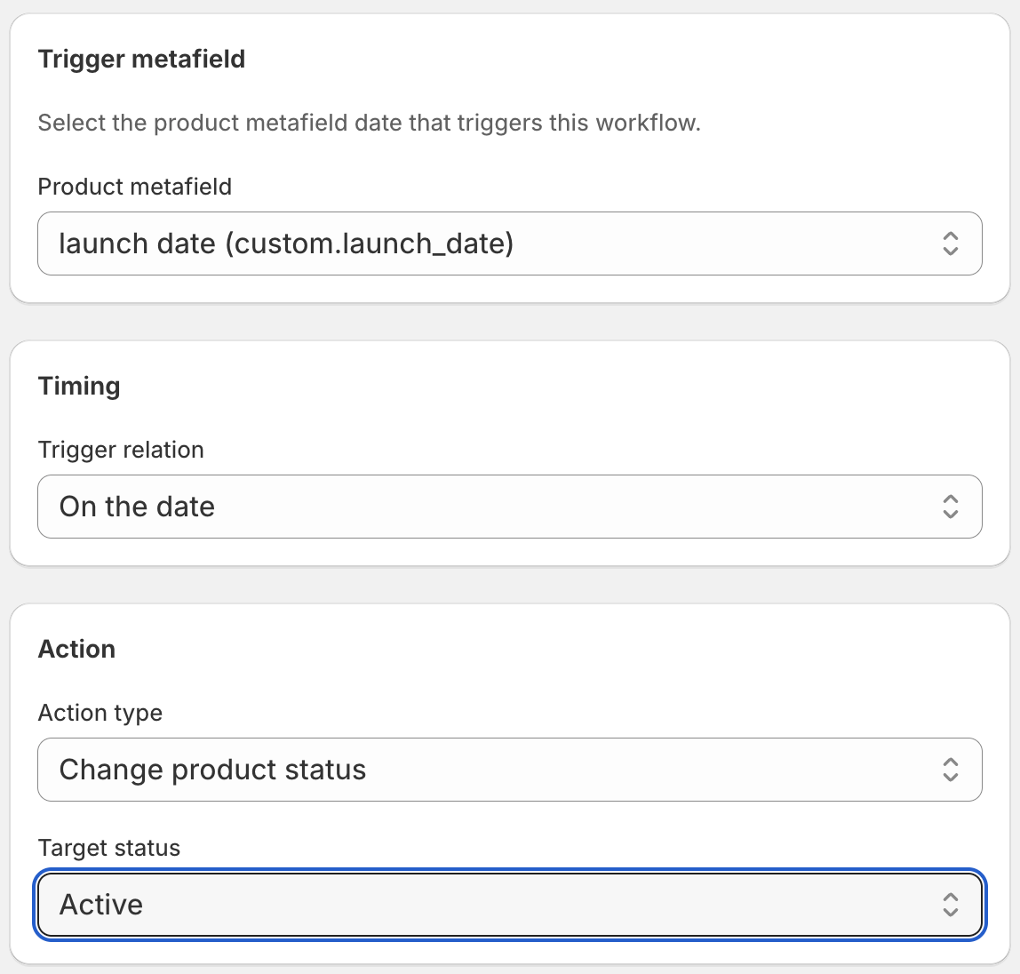 DateCue workflow editor configured to publish seasonal products