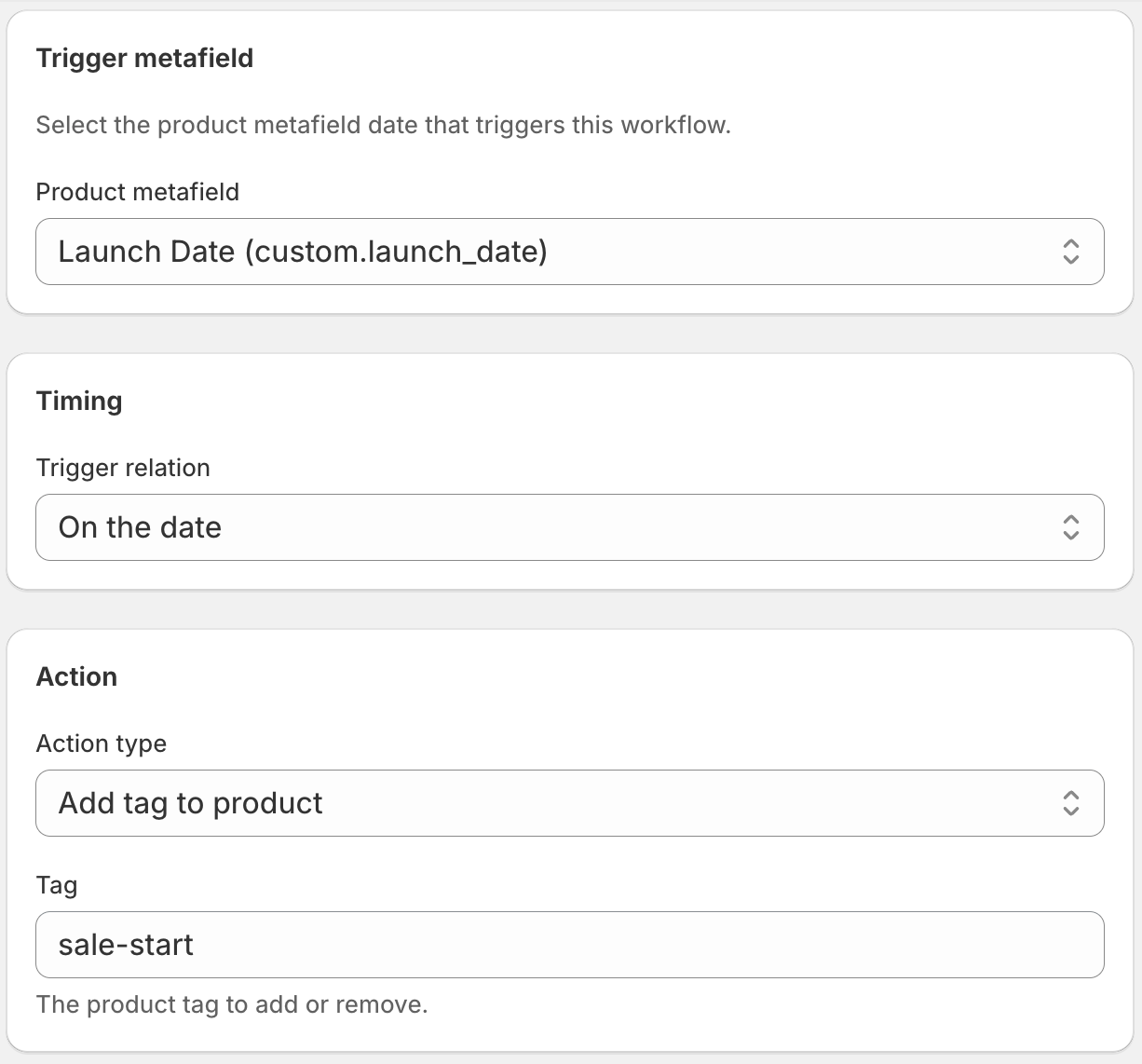 DateCue workflow editor configured to add a new-arrival tag on launch