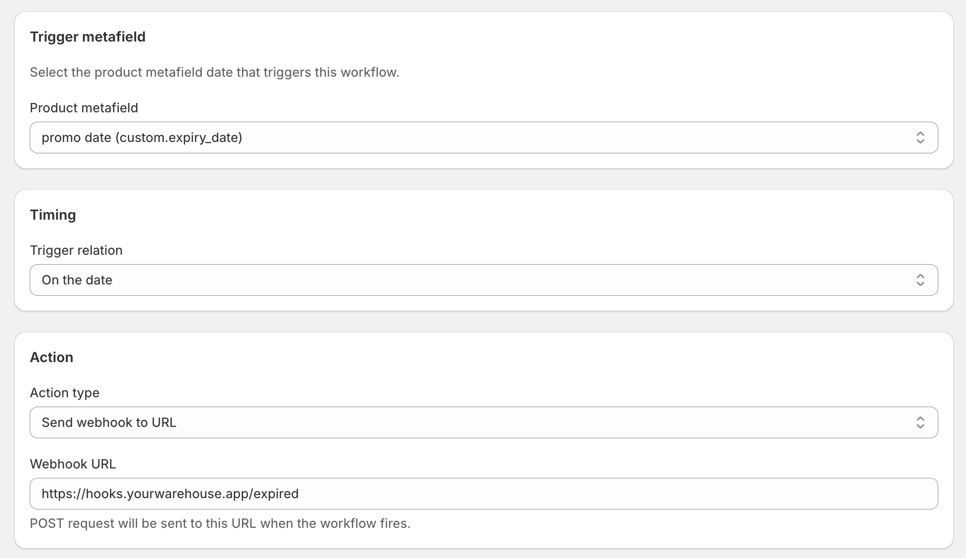 DateCue workflow editor configured to fire a webhook when a product's expiry date passes